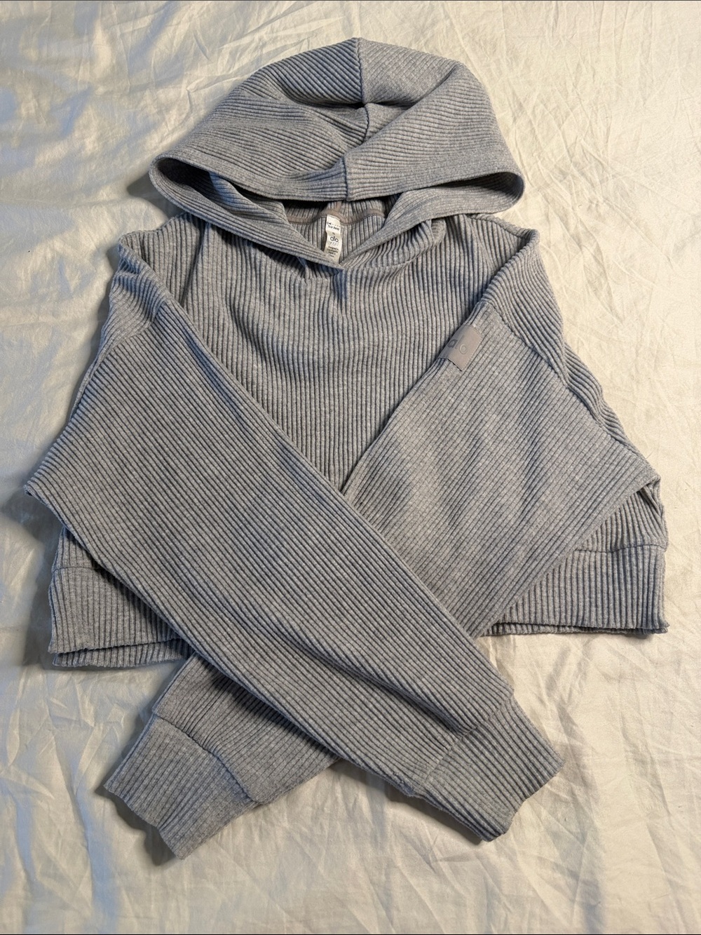 ALO Yoga Ribbed Cropped Hoodie - Light Gray